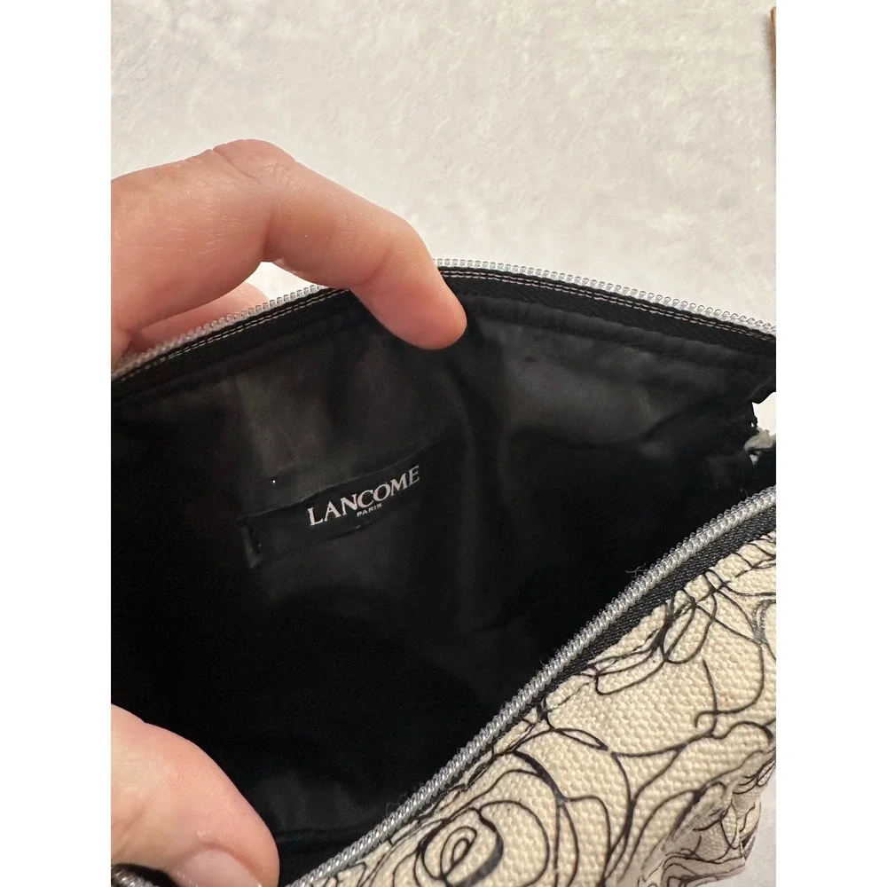 Lancome Paris Cosmetic Bag Set Black Red Rose Wristlet & Floral Canvas Pouch